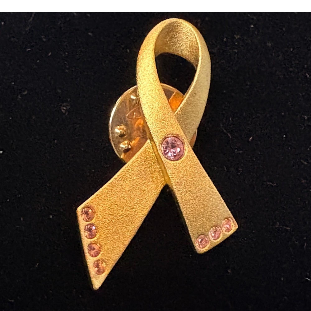 Avon Breast Cancer Awareness Ribbon Pin Gold Tone Pink Rhinestone Brooch